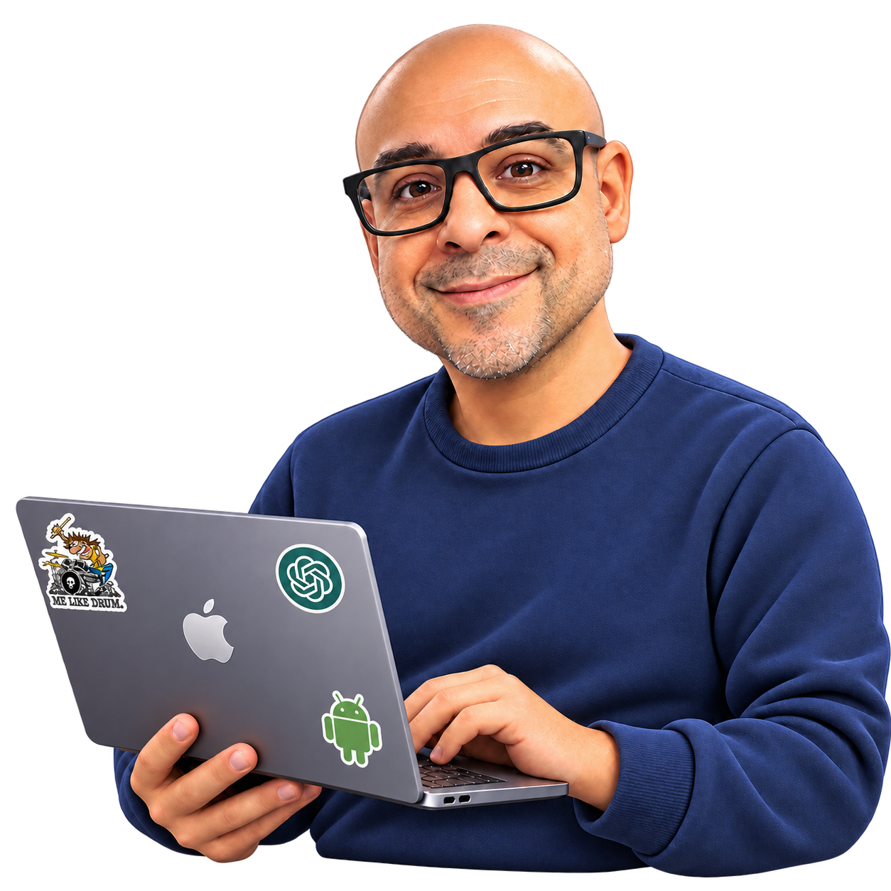 3D illustrated avatar of Luís Soeiro with a laptop featuring an Apple emblem and small drummer, ChatGPT and Android stickers